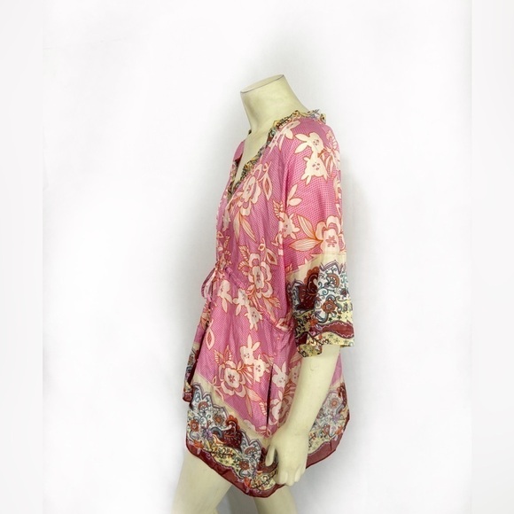 Johnny Was Silk Floral Handkerchief Tunic Kaftan Blouse Size L - Picture 3 of 6